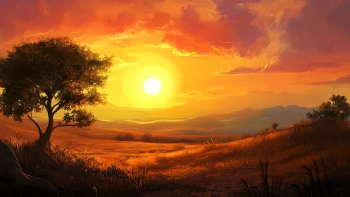 Golden hillside sunset with quiet tree and glowing sky.