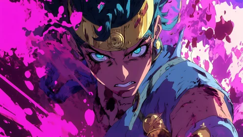 Battle ready warrior glares forward amid pink energy burst
