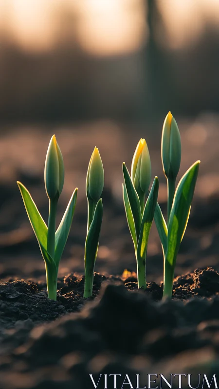 Young Flower Buds Emerging Through Soil at Golden Hour
