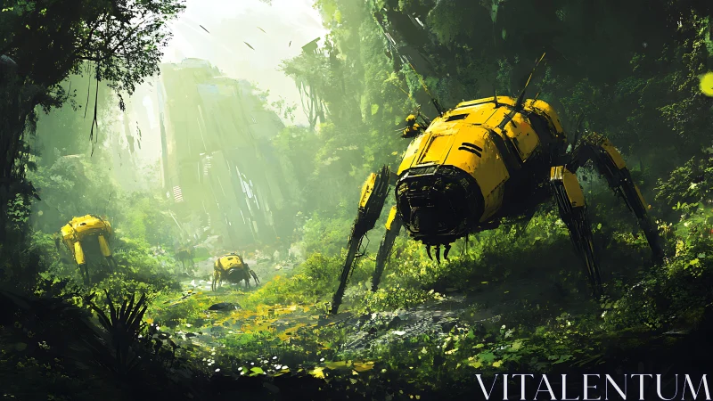 Curious yellow forest robots explore a lush overgrown valley