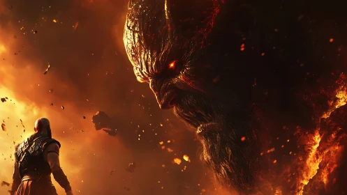 Fiery warrior confronts colossal molten demon in blazing sky