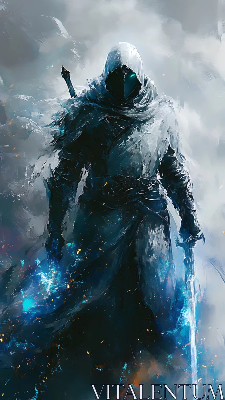 Hooded frost mage strides forward amid volatile blue energy