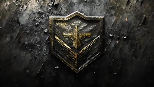 Battleworn golden emblem carved into scorched steel wall.