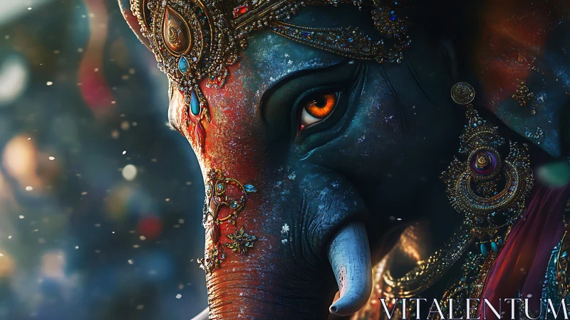 Divine elephant profile with jeweled headdress and bokeh glow.