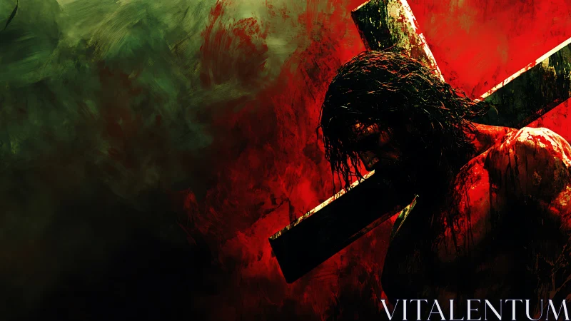 Crimson burdened figure beneath a shadow-scarred cross.