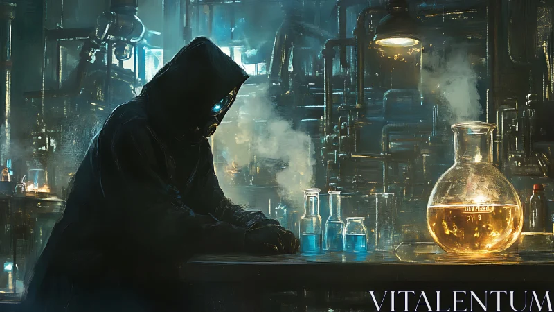 Hooded chemist studies glowing serum in neon lab.