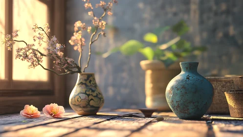 Sunlit rustic vases with blossoms on textured wooden table.