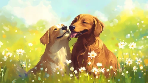 Golden retrievers share joyful affection in a sunny meadow