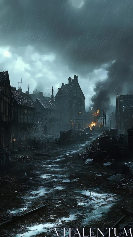 Rain-soaked medieval slum street under stormy sky.
