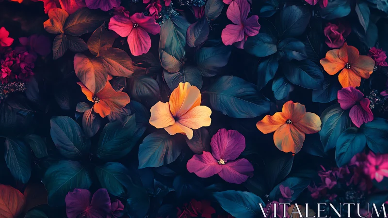 Chromatic Botanical Composition with Neon-Toned Florals and Teal Foliage.