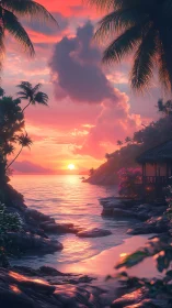 Tropical cove glows beneath a vivid pink sunset sky.