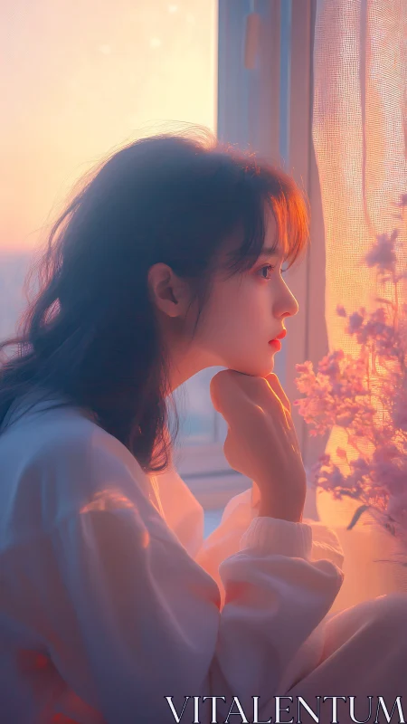 Soft dawn contemplation by window in pastel lightscape.