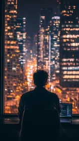 Solitary Programmer Overlooking Neon City Skyline