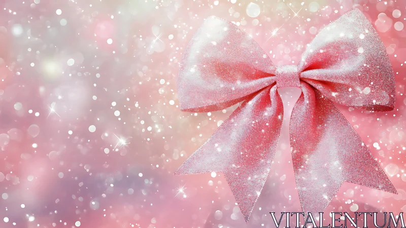 Glitter pink ribbon bow on sparkling bokeh pastel background.