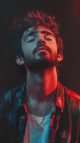 Dreamy portrait in neon light with relaxed, soulful gaze.