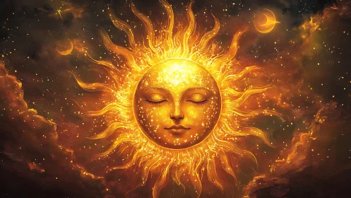 Serene celestial sun face glows in a dreamlike cosmic sky