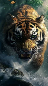 Ferocious tiger charges through stormy river in lush jungle