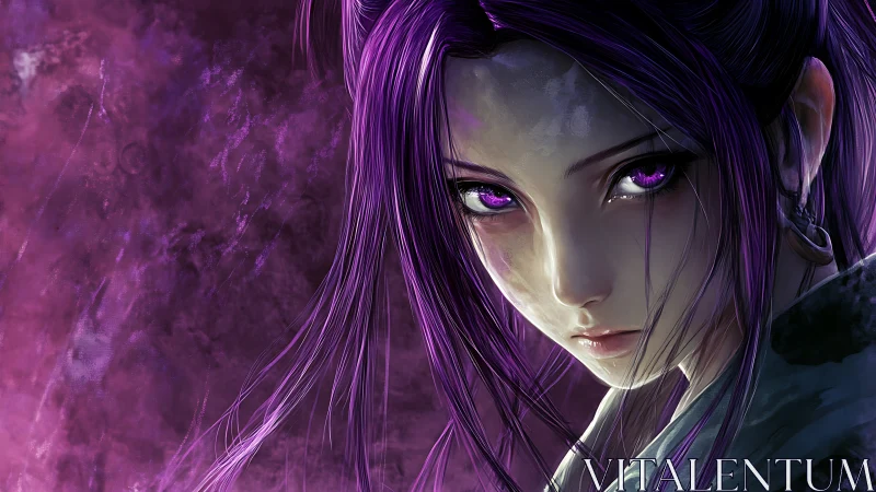 Violet gaze of the stormborn rogue in swirling dusk fog.