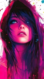 Vibrant neon portrait depicts hooded girl in saturated magenta light