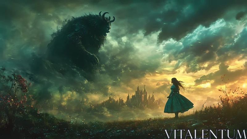 Girl and gentle giant beneath a storm-bright fantasy sky.