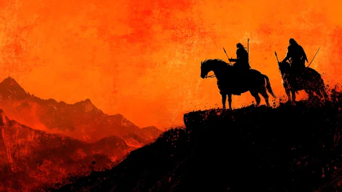 Silhouetted mounted warriors survey mountains at fiery dusk.