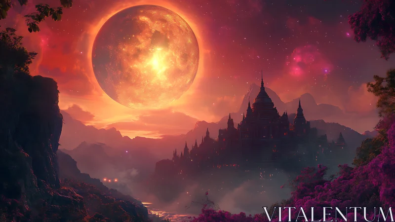 Giant orange moon above dark fantasy temple city at dusk