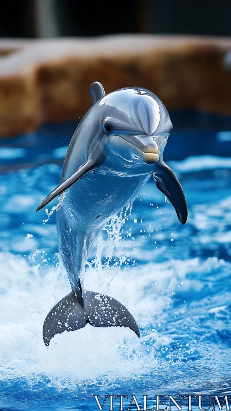 Joyous chrome-blue dolphin rockets through dazzling surf.