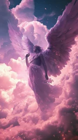 Gentle angel in rosy twilight clouds, glowing with quiet fire.