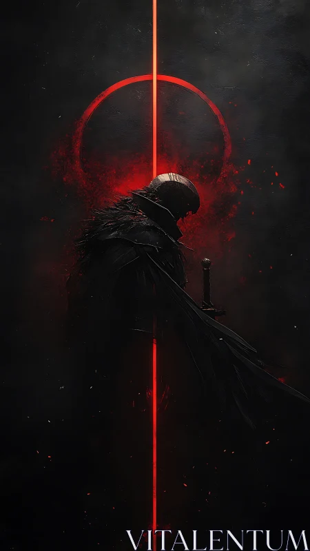 Dark armored figure with sword and vertical red light halo.