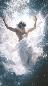 Radiant male figure ascending through luminous aqueous vortex