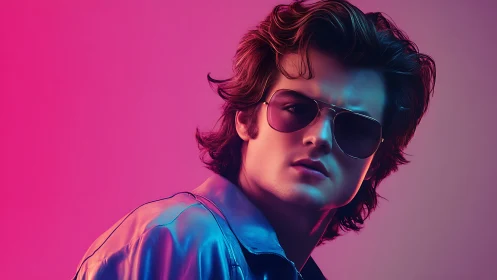 Neon lit retro portrait renders stylized 80s inspired attitude