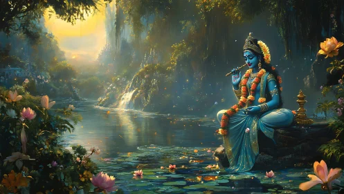 Divine blue figure plays flute beside a glowing sacred river