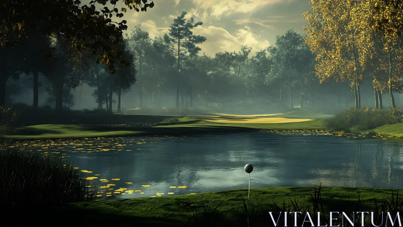 Morning-lit golf fairway framed by reflective water hazard and mist