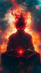 Fiery cosmic guardian sits in meditation, holding living flame