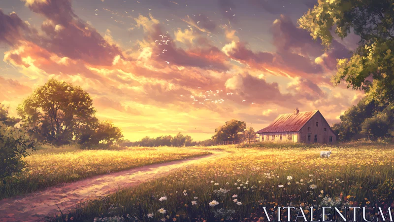 Golden hour farmhouse landscape renders atmospheric rural light