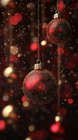 Glittering red Christmas baubles glow in soft bokeh light.