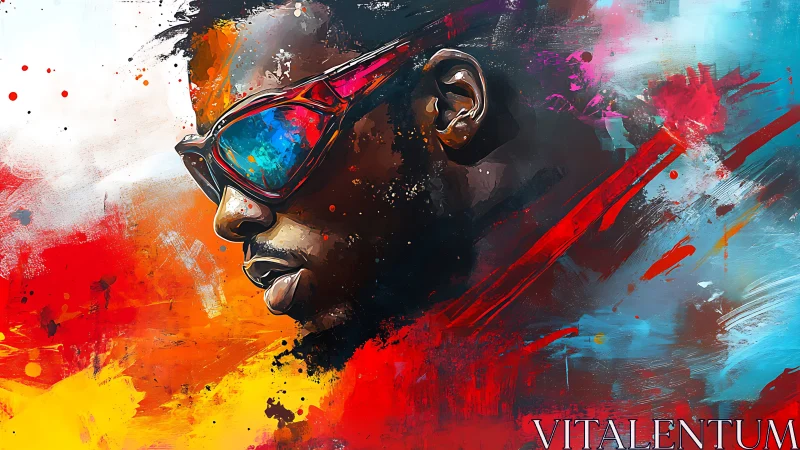 Neon portrait explodes through abstract red and cyan fields.