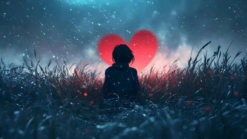 Silhouetted figure sits amid tall grass beneath large glowing red heart