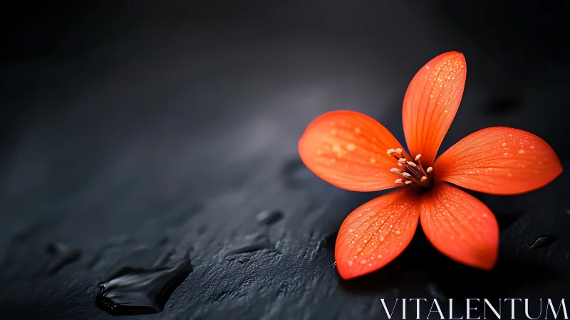 Single dewy orange flower rests on wet black background