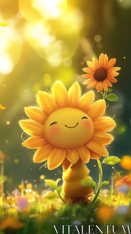 Anthropomorphic sunflower character in luminous backlit meadow