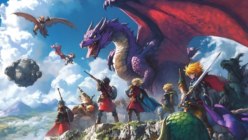 Sky-rent heroes confront a roaring violet dragon at dawn