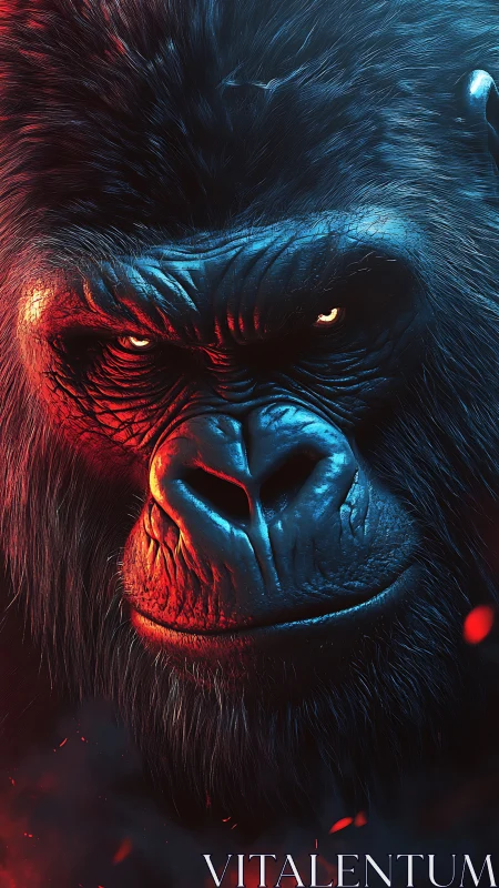 3D cinematic gorilla portrait with dual neon key lighting.
