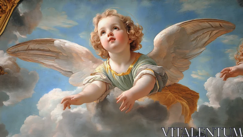 Radiant cherub soaring through luminous baroque heavens.