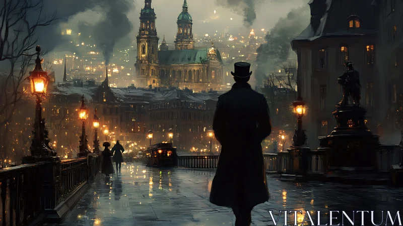 Victorian gentleman crossing rainlit bridge toward glowing city.
