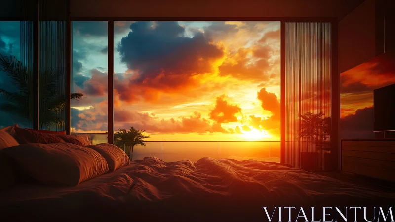 Sunlit modern bedroom overlooking cinematic ocean sunrise.