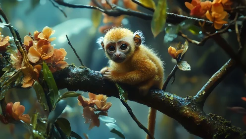 Neon-hued juvenile primate on dew-lacquered forest branch.
