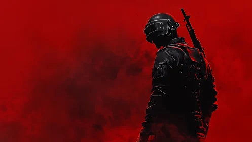 Armored tactical figure with rifle in red smoke field.