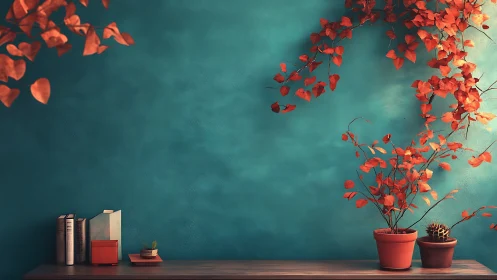 Teal textured wall frames orange potted foliage in balanced still life