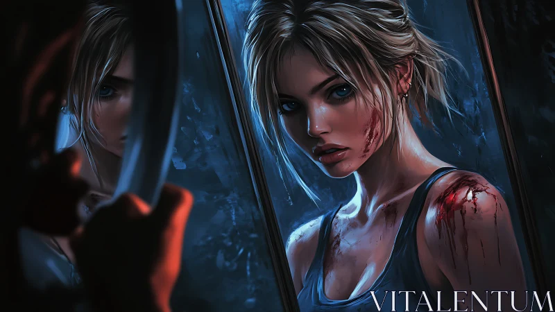 Reflective duality of wounded survivor in cinematic blue light.