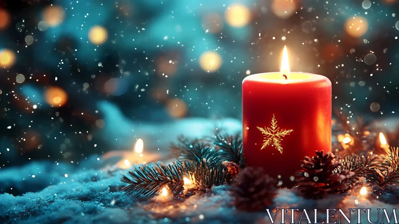 Red Christmas candle glows amid snowlit pine branches.